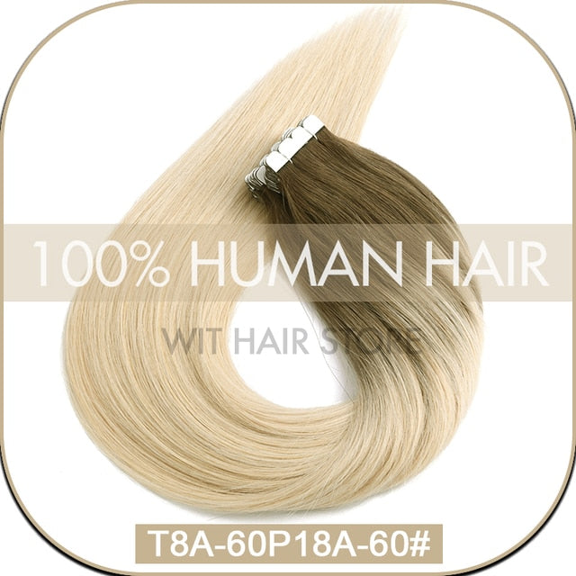 WIT Tape in hair Extensions Human hair Straight Machine Remy European Natural Seamless Skin Weft 10&quot;-20&quot; color mixture 10/20 pcs