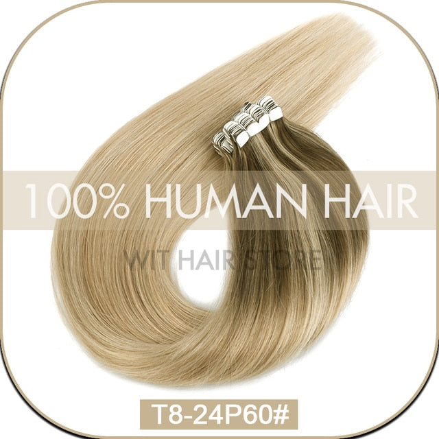 WIT Tape in hair Extensions Human hair Straight Machine Remy European Natural Seamless Skin Weft 10&quot;-20&quot; color mixture 10/20 pcs