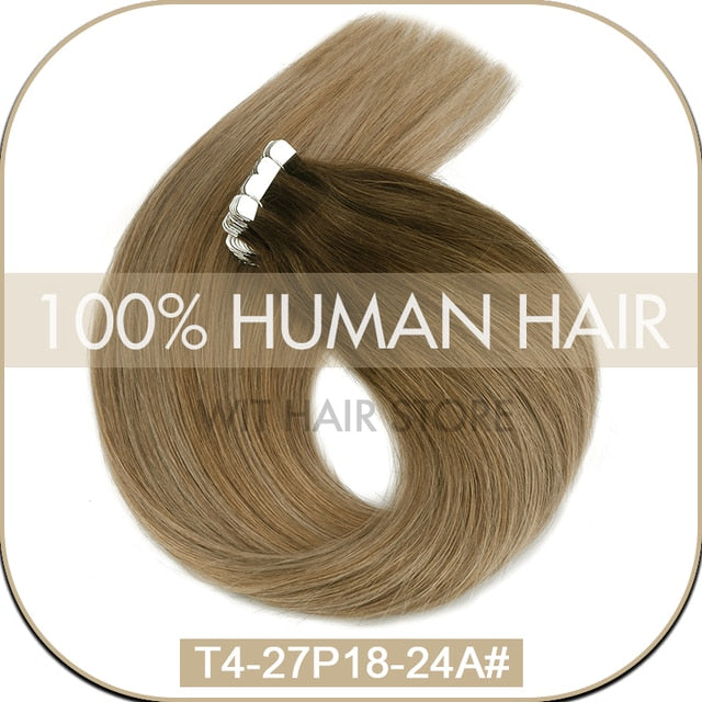 WIT Tape in hair Extensions Human hair Straight Machine Remy European Natural Seamless Skin Weft 10&quot;-20&quot; color mixture 10/20 pcs