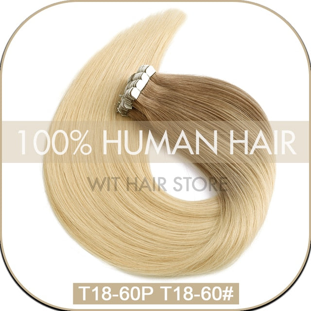 WIT Tape in hair Extensions Human hair Straight Machine Remy European Natural Seamless Skin Weft 10&quot;-20&quot; color mixture 10/20 pcs